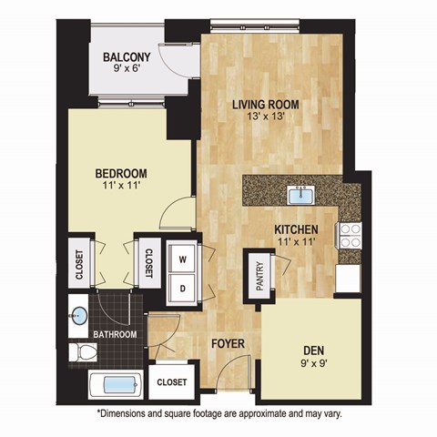 Floor plan for 1 bed, 1 bath, 822 sqft